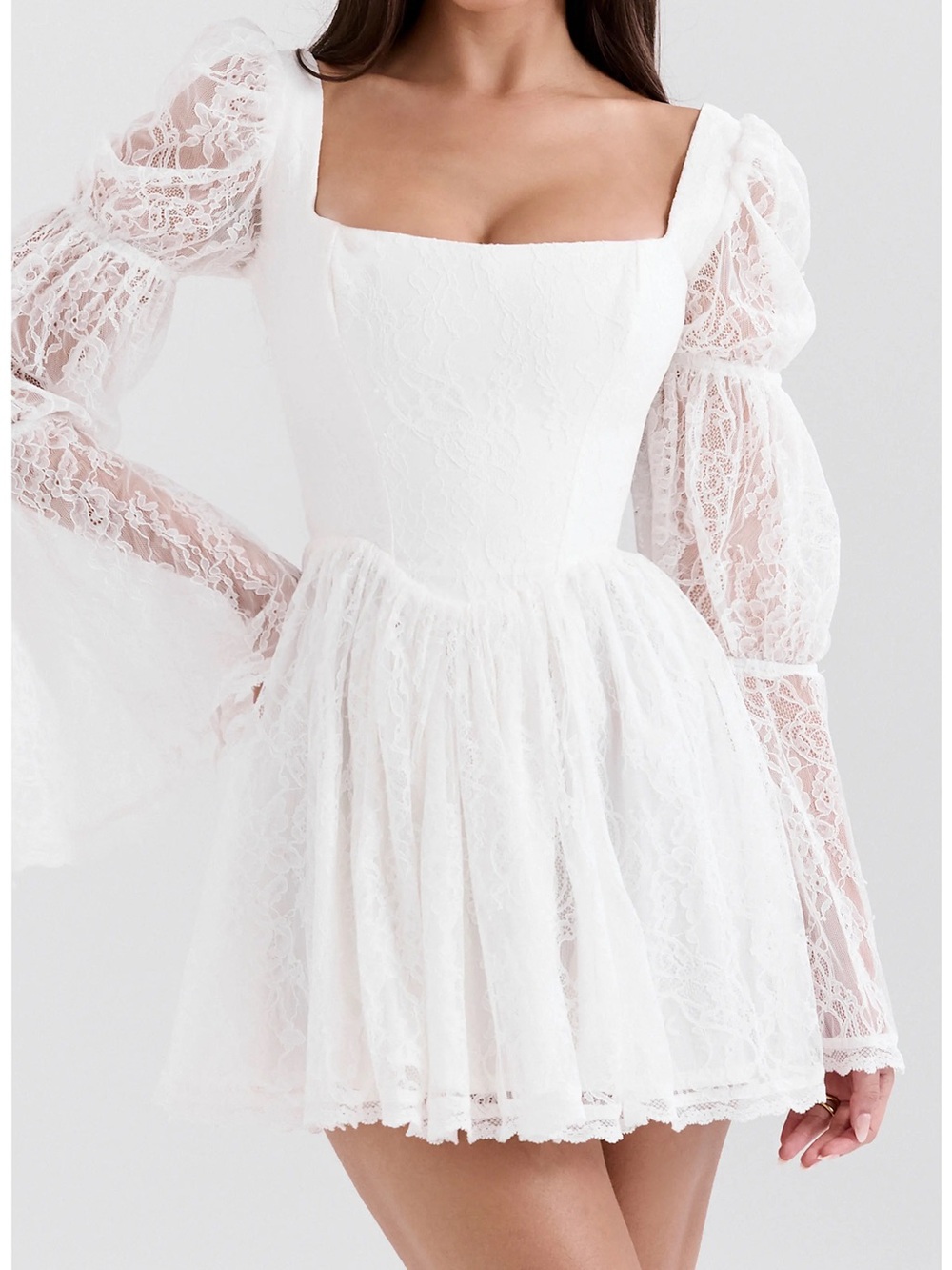 House of CB Sancia Lace Long Sleeve White  Mini Dress with Square Neck